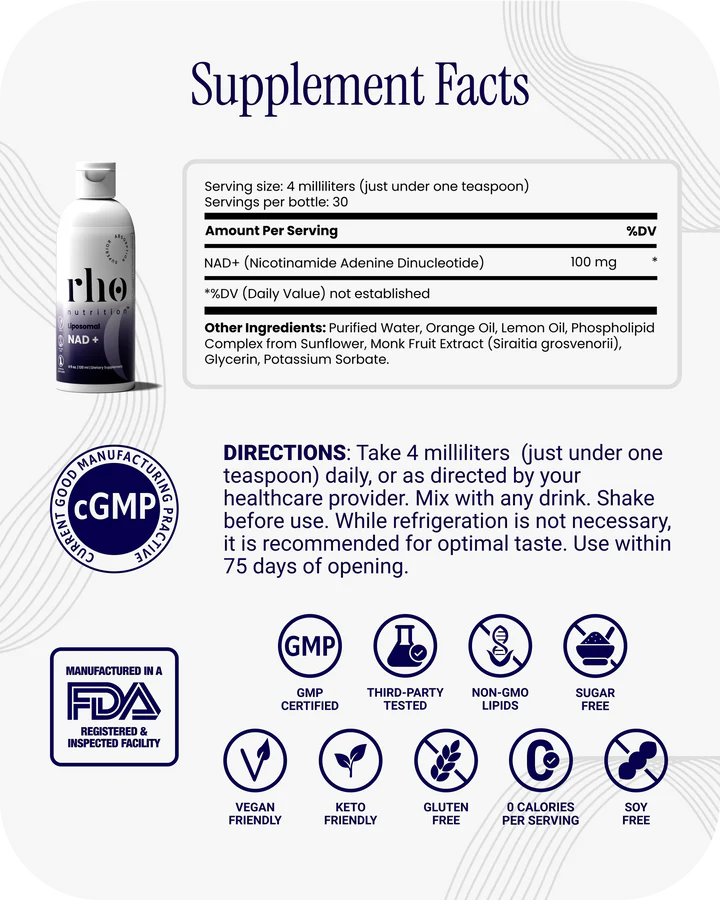 Rho Nutrition Liposomal NAD+ – Liquid Supplement Designed to Help Support Absorption – Active Form of NAD+ Helps Support Normal Cellular Health, Healthy Aging, Energy Metabolism and Overall Vitality