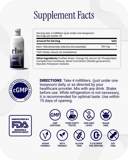 Rho Nutrition Liposomal NAD+ – Liquid Supplement Designed to Help Support Absorption – Active Form of NAD+ Helps Support Normal Cellular Health, Healthy Aging, Energy Metabolism and Overall Vitality
